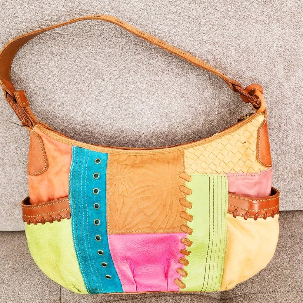 Fossil Leather Patchwork Colorful Shoulder Bag Purse, Genuine Leather